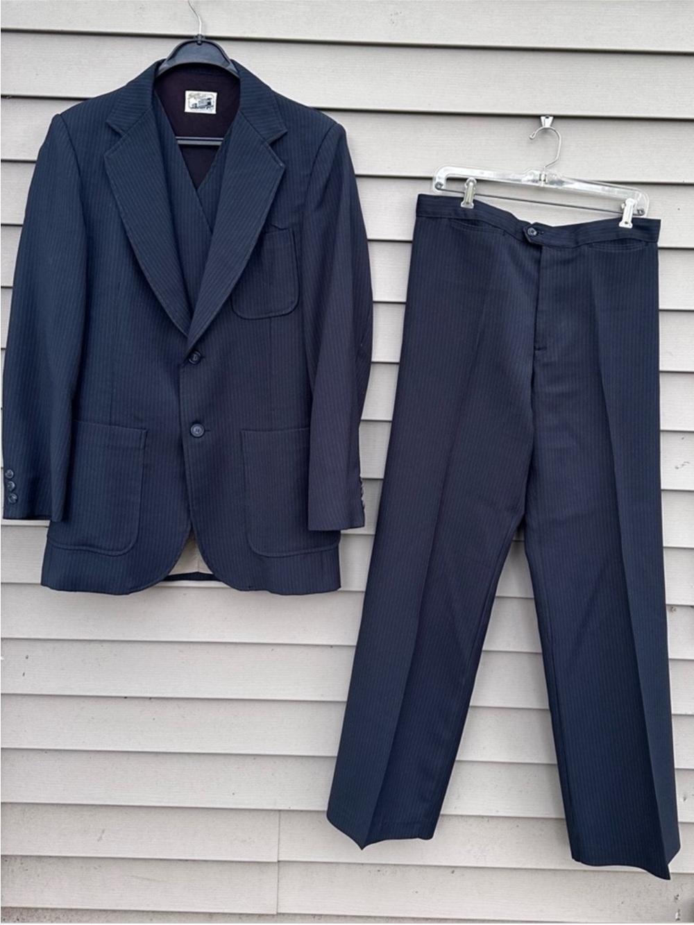3 Pc vintage Pinstripe Suit Men’s 70s Disco Black 42L Angel's Flight